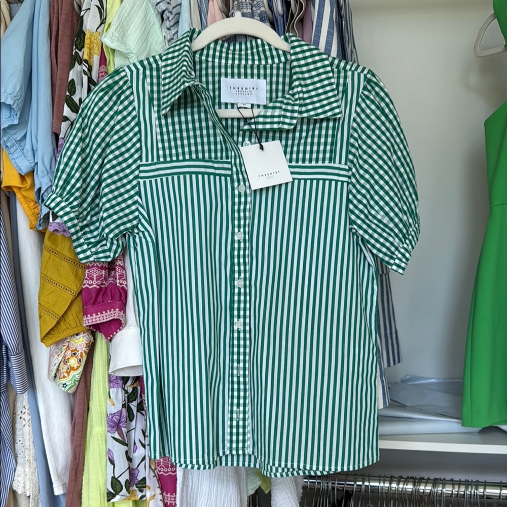 The Shirt Rochelle Behrens Green Striped Short Sleeve Shirt